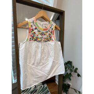 J Crew Embroidered Floral Tank Top White Linen Blend Women Size 2 EUC Beach